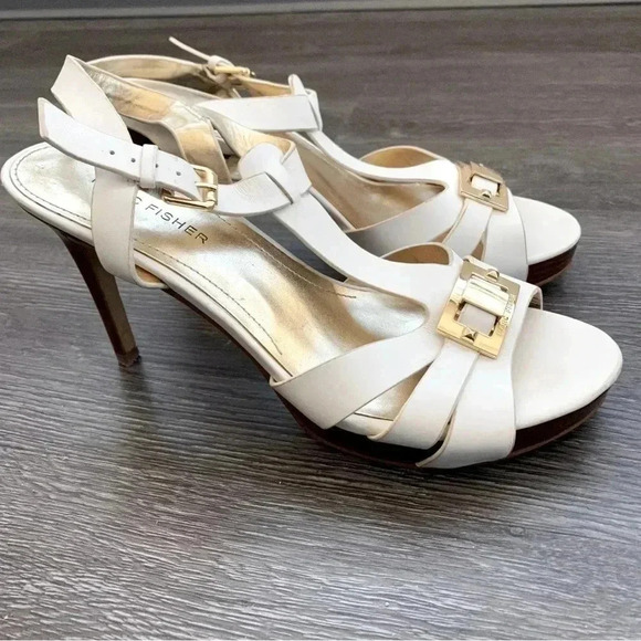 Marc Fisher Shoes - Marc Fisher Varika 2 White Leather Stiletto Sandals Heels Gold Detail: 8M